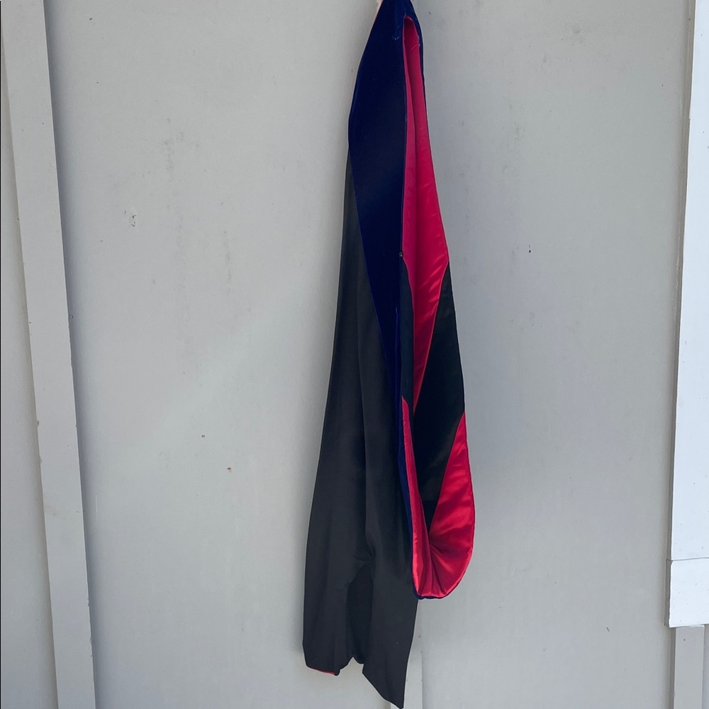 Jostens’ PhD hood—dark blue velvet, red satin, black—Theology, Divinity, Law